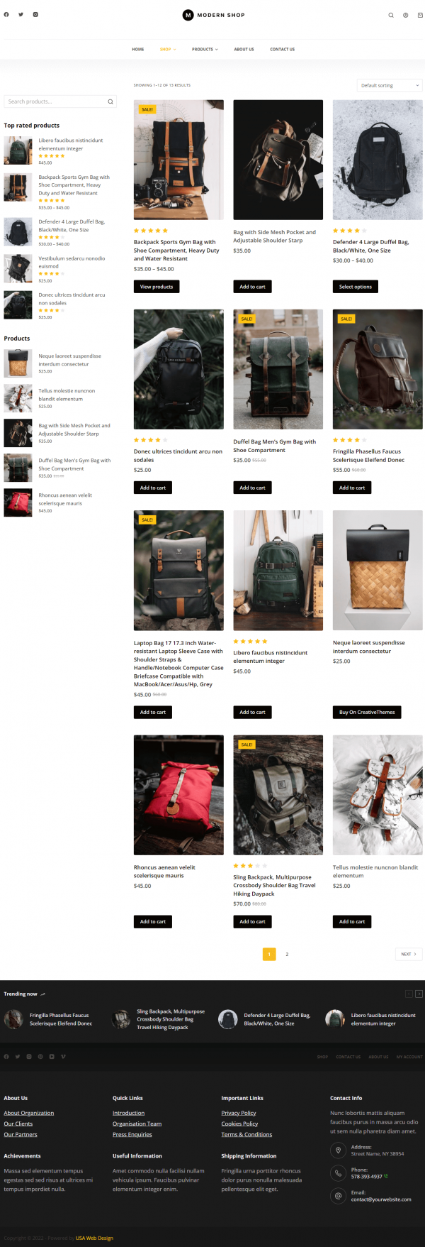 modern shop woocommerce web design - shop page